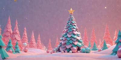 The primary subject of the image is a pink and green Christmas tree. The tree is adorned with ornaments and is surrounded by a snowy landscape. The setting is a wintery environment, and the visual style is a digital art or illustration. The colors and mood of the image are predominantly pink and green, creating a festive and warm atmosphere.
